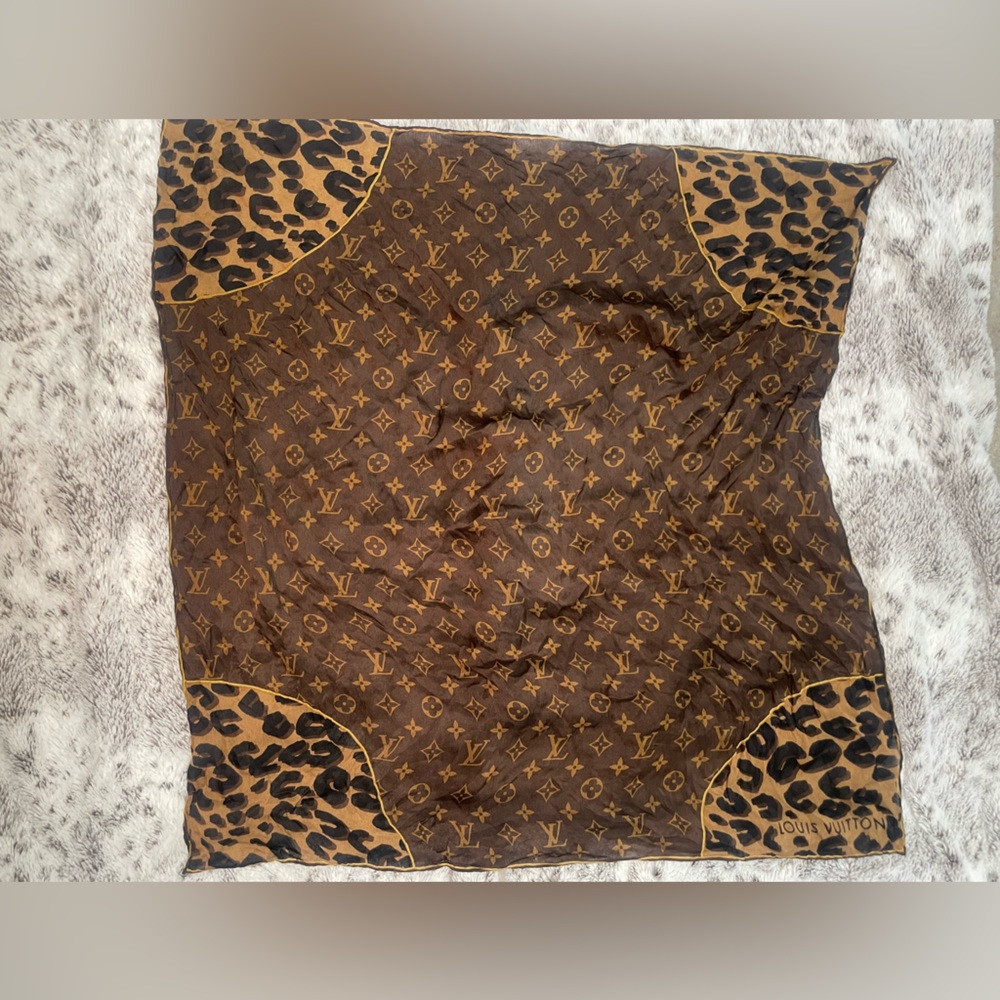 Louis Vuitton Square Scarf Monogram Leopard Pattern Silk Brown